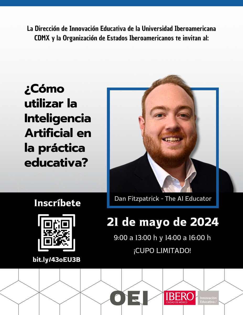 🗣️Dan Fitzpatrick, educador internacional en inteligencia artificial, impartirá el taller ¿Cómo utilizar la #IA en la práctica educativa? 🖋️¡Regístrate y asiste presencialmente! Más información⬇️ oei.int/oficinas/mexic…