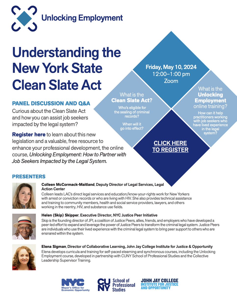 Are you an NYC #workforcedevelopment professional curious about the Clean Slate Act @cleanslateny & how you can assist job-seekers impacted by the legal system? Register for FREE 5/10 webinar hosted by @JusticeAndOpp & ft LAC’s Colleen McCormack-Maitland! bit.ly/3xYV9ZL