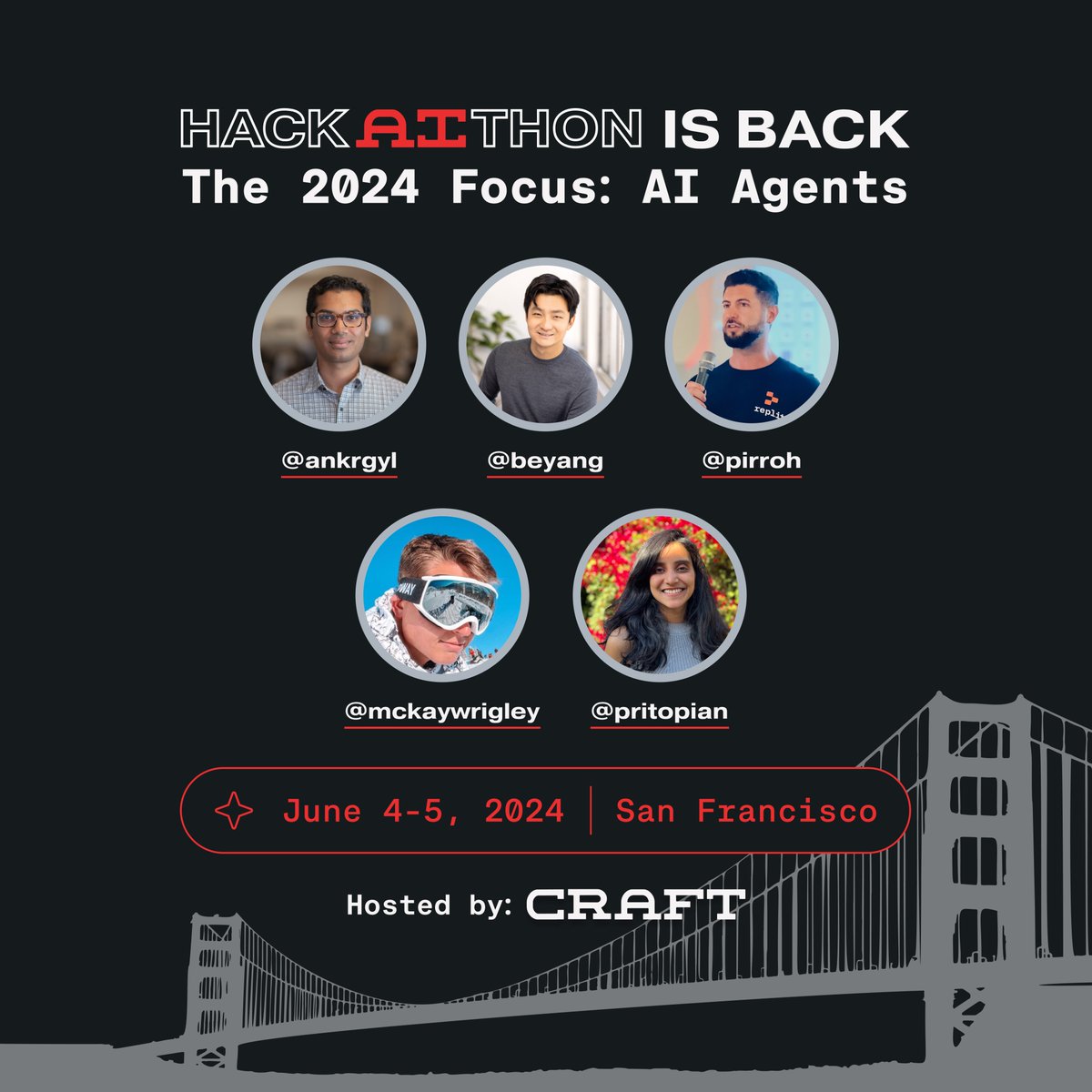 craft_ventures's tweet image. We&apos;re excited to introduce some of our judges for #HackAIthon... 

@mckaywrigley is reprising his role as a judge &amp;amp; general bringer-of-good-vibes 
@pritopian was our 2023 winner and we can&apos;t wait to put her in the judge&apos;s seat this year! 
@beyang is the king of Cody @sourcegraph…