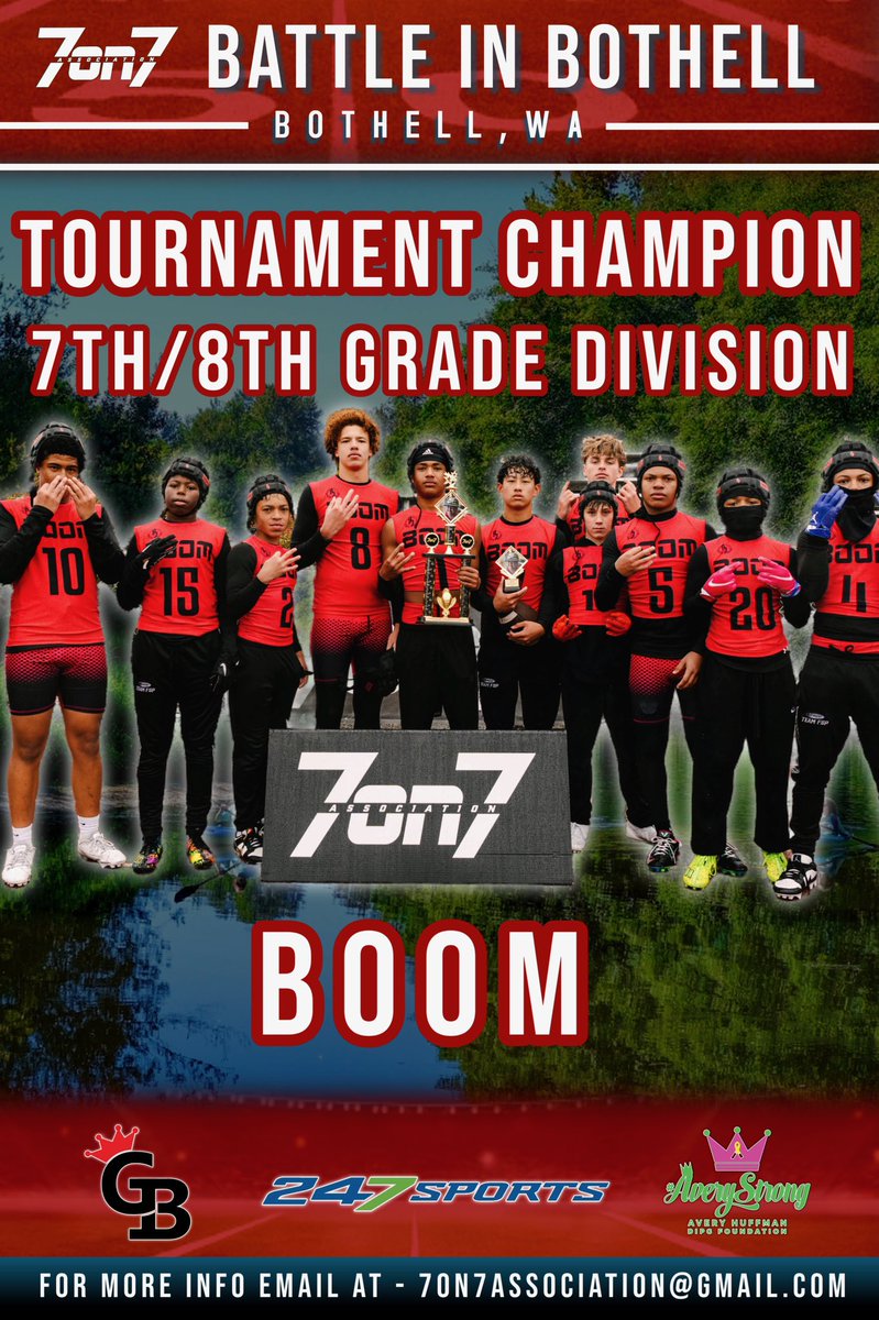 Congrats To The 7th / 8th Grade Battle In Bothell Champions Team BOOM🏆‼️ It’s Been Awesome To See The Improvement of Teams / Players Over The Course of The @The7on7NW Tournament Tour 🏈📈