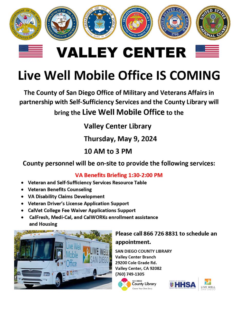 Join the @LiveWoWBus at the Valley Center Library, Thursday, May 9th from 10AM-3 PM with county resources and services. See you there! #omva @sdcountylibrary @valleycenterlibrary