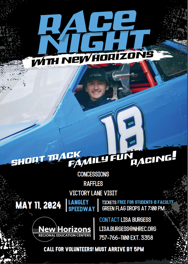 Please join us on Saturday, May 11th at Langley Speedway for our inaugural New Horizons Regional Education Centers night! Come enjoy an evening of food, family, fun, and local short-track auto racing.