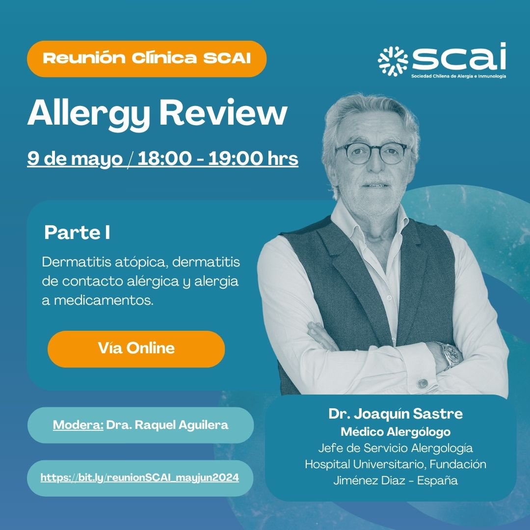¡No te pierdas nuestra Reunión Clínica SCAI! 📅 Tema: “Allergy Review” presentada por el Dr. Joaquín Sastre. Exploraremos la dermatitis atópica, dermatitis de contacto alérgica y alergia a medicamentos. ¡Únete a nosotros para una revisión completa de las alergias! 🌿🌎 #scai