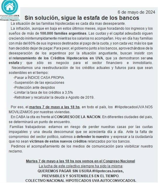 Este martes a las 18 los #HipotecadosUVA se congregan en todo el país. Piden una solución urgente para créditos y cuotas que se volvieron impagables por la inflación.