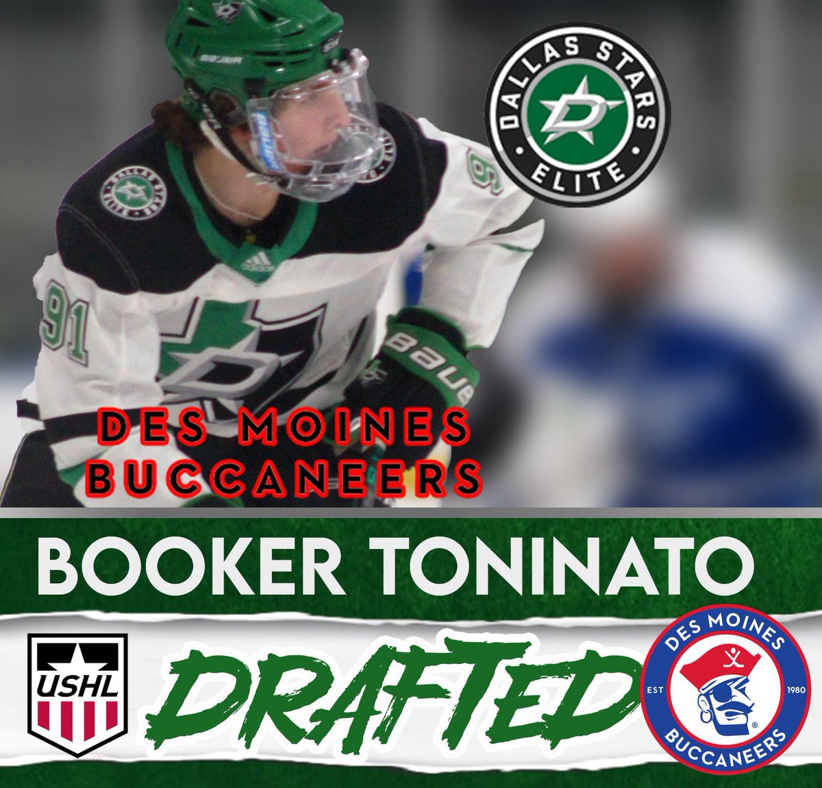 Congratulations to 16U’s Booker Toninato on being drafted in the Phase I USHL Draft by the Des Moines Buccaneers! 💚🖤

#gostarselite #elitedna #GreenHelmets