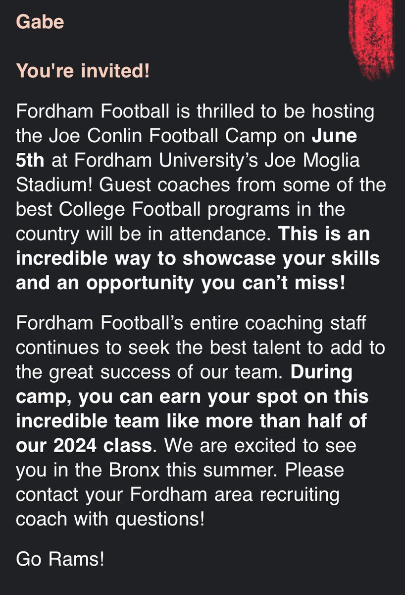 Grateful for a camp invite to @FORDHAMFOOTBALL this summer. Excited to compete and show my skills. @QBHitList @ccesfootball