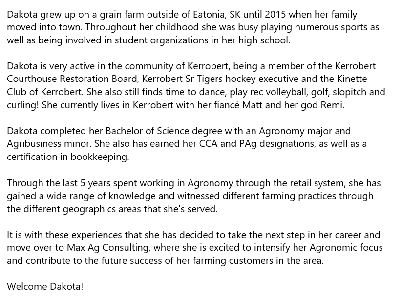 Please welcome Dakota Price to our team as an Agronomist out of Kerrobert!