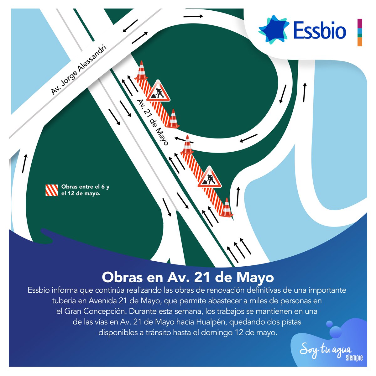 essbio's tweet photo. 📢 Desde el miércoles 17 de abril se iniciaron trabajos para robustecer la infraestructura de distribución de agua potable en el Gran Concepción en una de las vías en Av. 21 de Mayo, en dirección a Hualpén.

¡Planifica tu ruta para evitar inconvenientes!

#SoyTuAguaSiempre https://t.co/v3KCURT8lJ