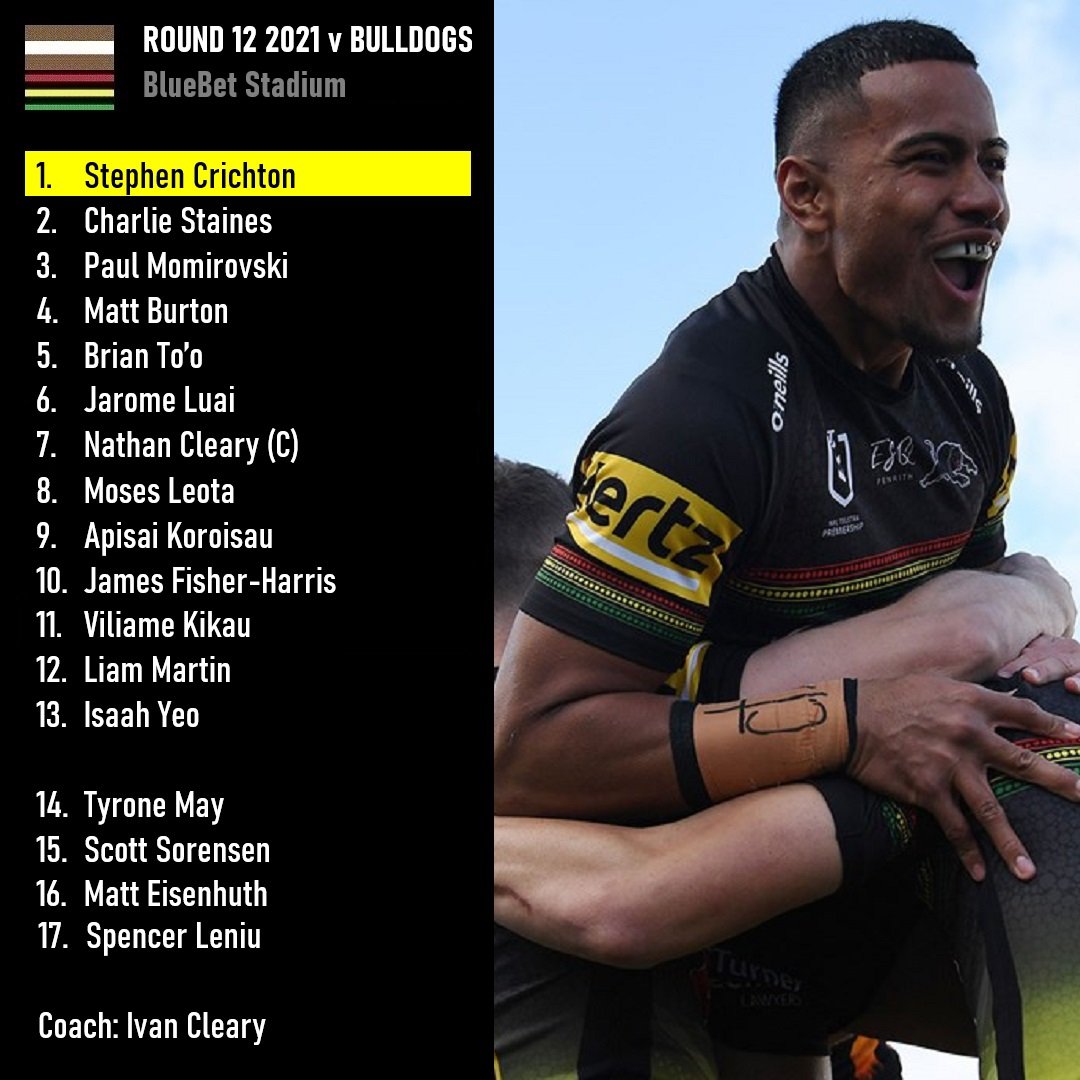 TEAMLIST TUESDAY 

Penrith scored 5 tries to 1 in a 30-4 victory, including a length of the field that started with a Burton intercept & finished with Crichton taking an overhead pass from To'o. This was also the 12th win in a row.

#NRLPanthersBulldogs #pantherpride