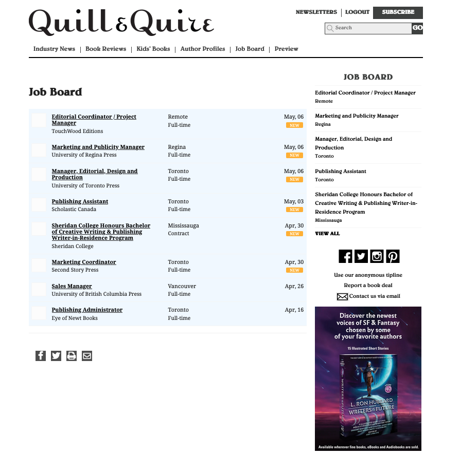 NEW on the Q&Q Job Board: • Editorial Coordinator / Project Manager @TouchWoodEd • Marketing and Publicity Manager @UofRPress Details: bit.ly/48CrXpc