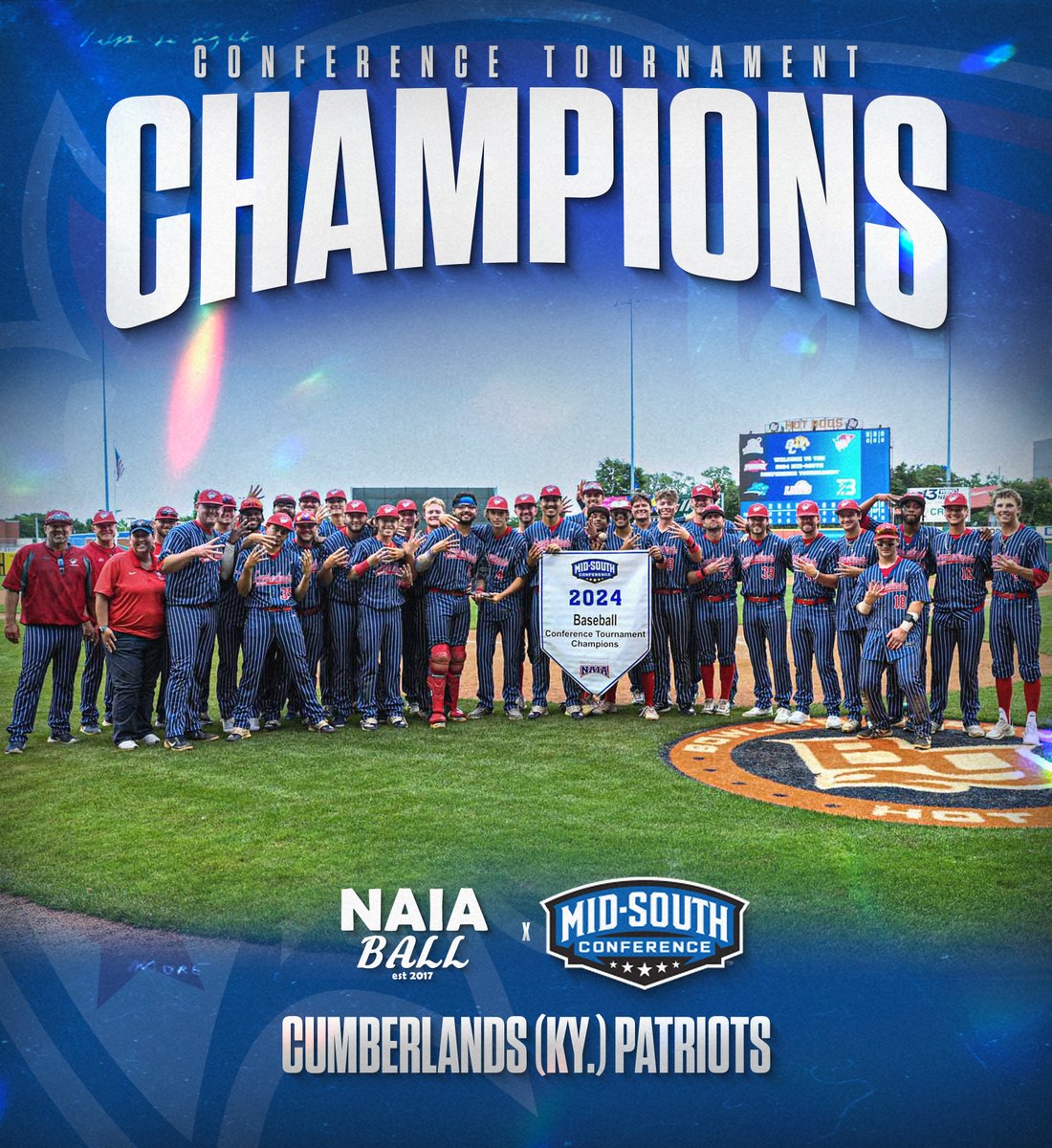 🚨 Congratulations to The University of Cumberlands (48-6) on winning their 4th Mid-South Tournament Championship. The Patriots outscored their opponents in tournament play 62-11 in 4 games. Cumberlands claim an automatic qualifier and will host the Opening Round. #NAIABall