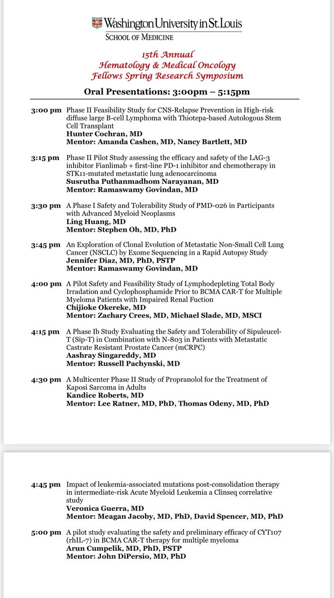 Annual Fellow Spring Research Symposium @WUHemeOncFellow Such an impressive line up of fellow initiated clinical trials, presented by our first year fellows! They get brighter and smarter every year 🌟 You all make us so proud! @WashUHeme @WashUOnc @WUSTLmed