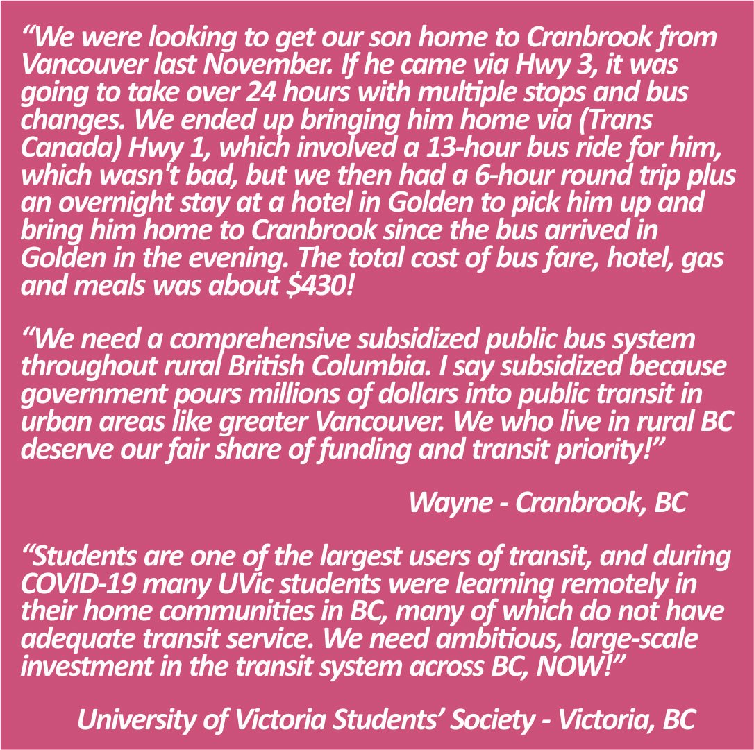 BCWideBus's tweet photo. Lots of youth and students travel around the province by bus, for school, for work, for family. But, as these Rural BC Transit Tales tell, that's not necessarily easy or even possible. We need a comprehensive, affordable, public transit network throughout BC. Transit is a Right! https://t.co/WXVRHph0Xf