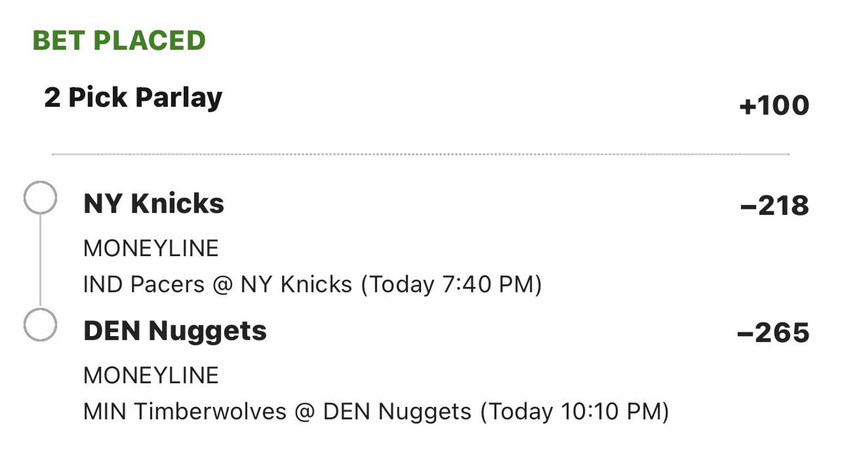 DaileyPicks's tweet image. 🔥🏀 5/6 NBA Dailey Picks 🏀🔥

2 Pick: +100 📈

Knicks -218
Nuggets -265

#NBA #NBAX #nbalock #GamblingX