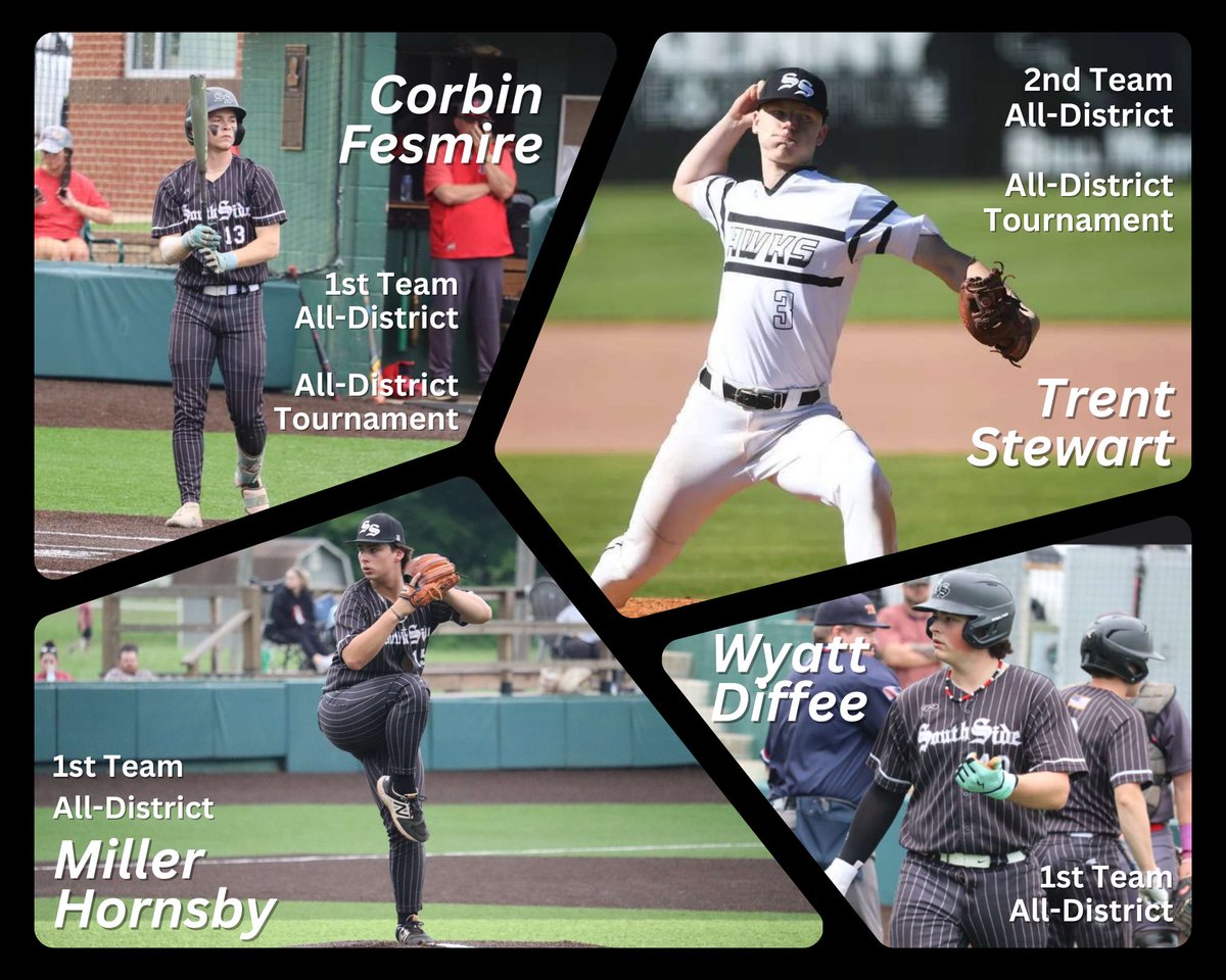 Congratulations to these Hawk Baseball players!! 1st Team All-District Corbin Fesmire Wyatt Diffee Miller Hornsby 2nd Team All-District Trent Stewart All-District Tournament Trent Stewart Corbin Fesmire #HawkNation