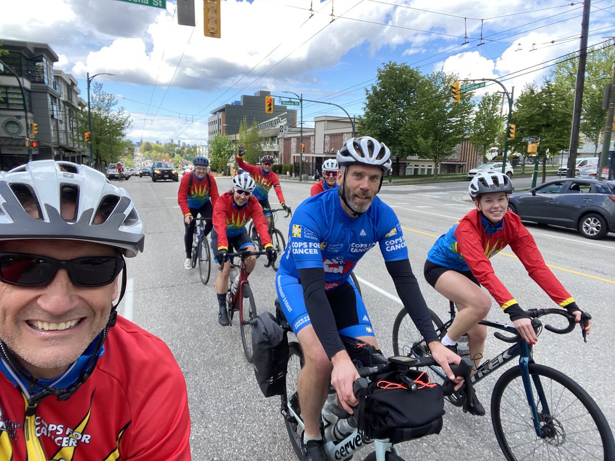 duncan1557's tweet photo. So proud of my #VPD colleague, #CopsForCancer teammate, and friend, Dayne @SgtCampbellVPD as he sets off on his 7,000km+ cross #Canada adventure! His efforts will raise $ and awareness for paediatric cancer research and #CampGoodtimes. @VancouverPD @ChiefPalmer @WestVanPolice https://t.co/BSN0TqdKVJ