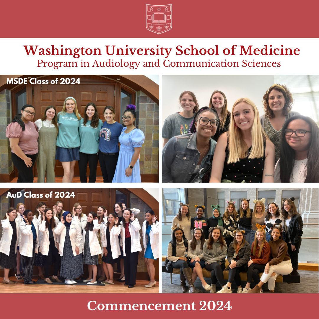 One week until Commencement! We can't wait to celebrate the M.S.D.E. and Au.D. class of 2024! #WashU24 #deafed #deafeducation #audiology #audpeeps #ENTweet #wustl #washu #washupacs #wustlmed #wusm #cochlearimplant #hearingloss #hearing #speechandhearing #phd #slp