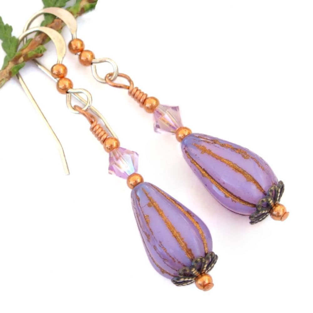 Beautiful handmade jewelry for Mom: translucent lilac silk fluted glass teardrop earrings w/ sparkling Swarovski crystals!  via @ShadowDogDesign #MothersDay #CCMTT #TeardropEarrings     bit.ly/PurplePowerSD
