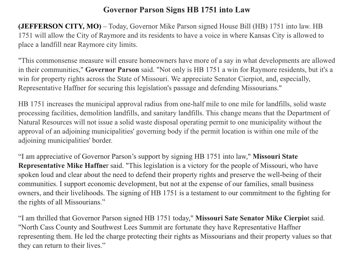 #NEW | The second bill @GovParsonMO signed into law this year stops a proposed landfill on the border of KC & Raymore. This legislation, which received bipartisan support, requires new landfills to get approval from neighboring cities within one mile of the proposed site. #moleg
