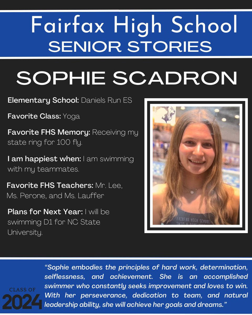 Today’s Senior Story is *State Champion* Sophie Scadron! Sophie is a <a href="/DanielsRunES/">Daniels Run ES</a> and <a href="/kjms_fcps/">Katherine Johnson Middle School</a> alumni and will attend <a href="/NCState/">NC State University</a> next year. Congratulations and good luck Sophie! To see all of our seniors, please check out our website - bit.ly/fairfaxseniors
