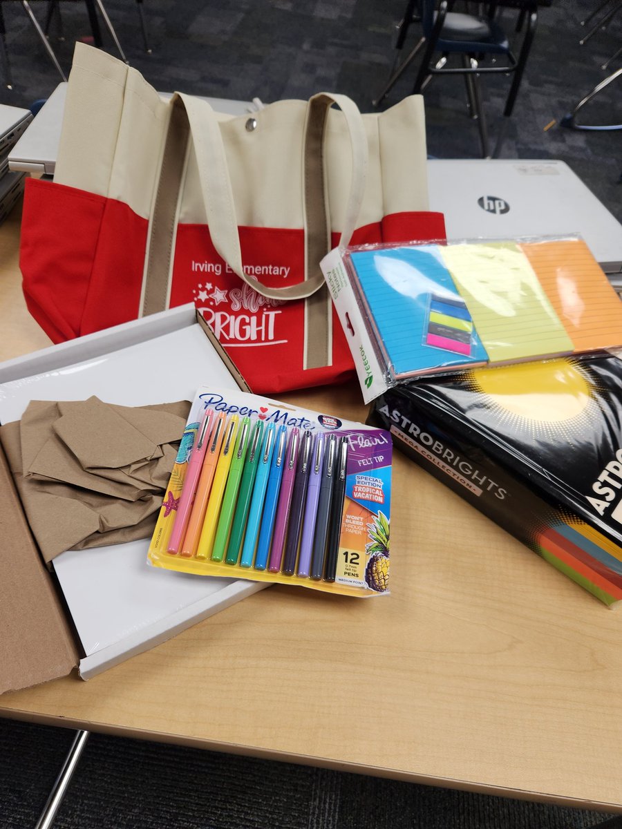 This is #TeacherAppreciationWeek & I found an energy drink in my mailbox. But THEN, my awesome principal personally delivered a tote bag filled with #flairpens, white cardstock, Astrobrights paper, & sticky notes pack. #IrvingShines #ShineBright #wpsproud