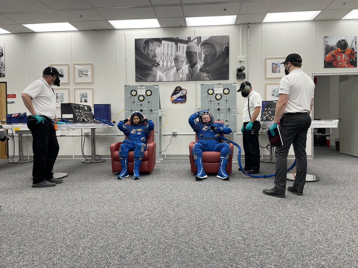 Real time- #Starliner Astronauts are putting on their suits!! They fit great! @NASA_Astronauts @BoeingSpace @ulalaunch