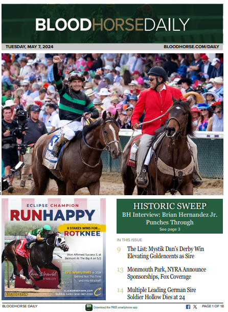 In Tuesday's #BHDaily:              

BH Interview: Brian Hernandez Jr. Punches Through
Mystik Dan's Derby Win Elevating Goldencents as Sire
Artist Stella Leaves a Legacy in Thoroughbred Breeding

READ MORE →tinyurl.com/BHDaily