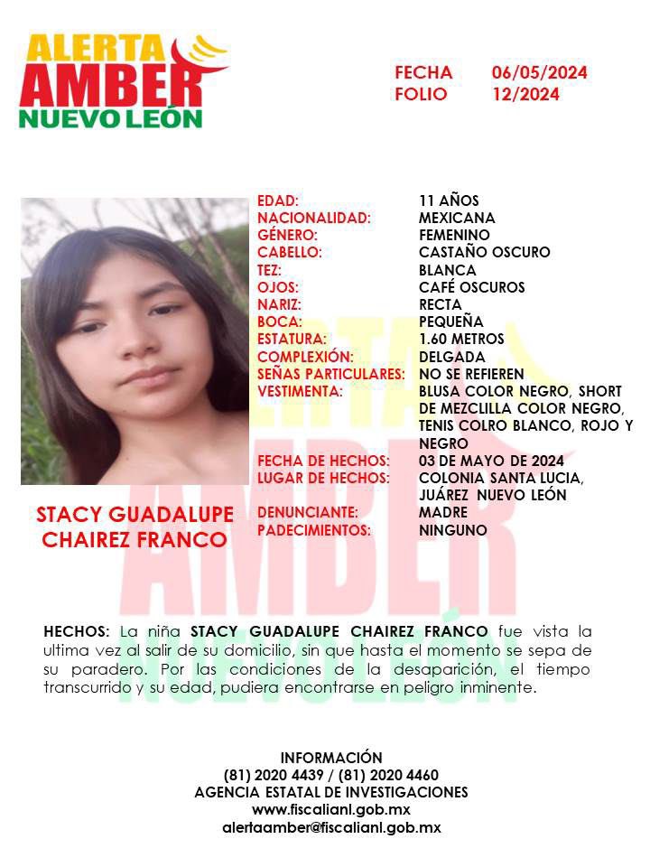 📣 Se activa #AlertaAmber Solicitamos de su colaboración para localizar a la niña STACY GUADALUPE CHAIREZ FRANCO #AlertaAmberNL ‼️Por favor comparte‼️