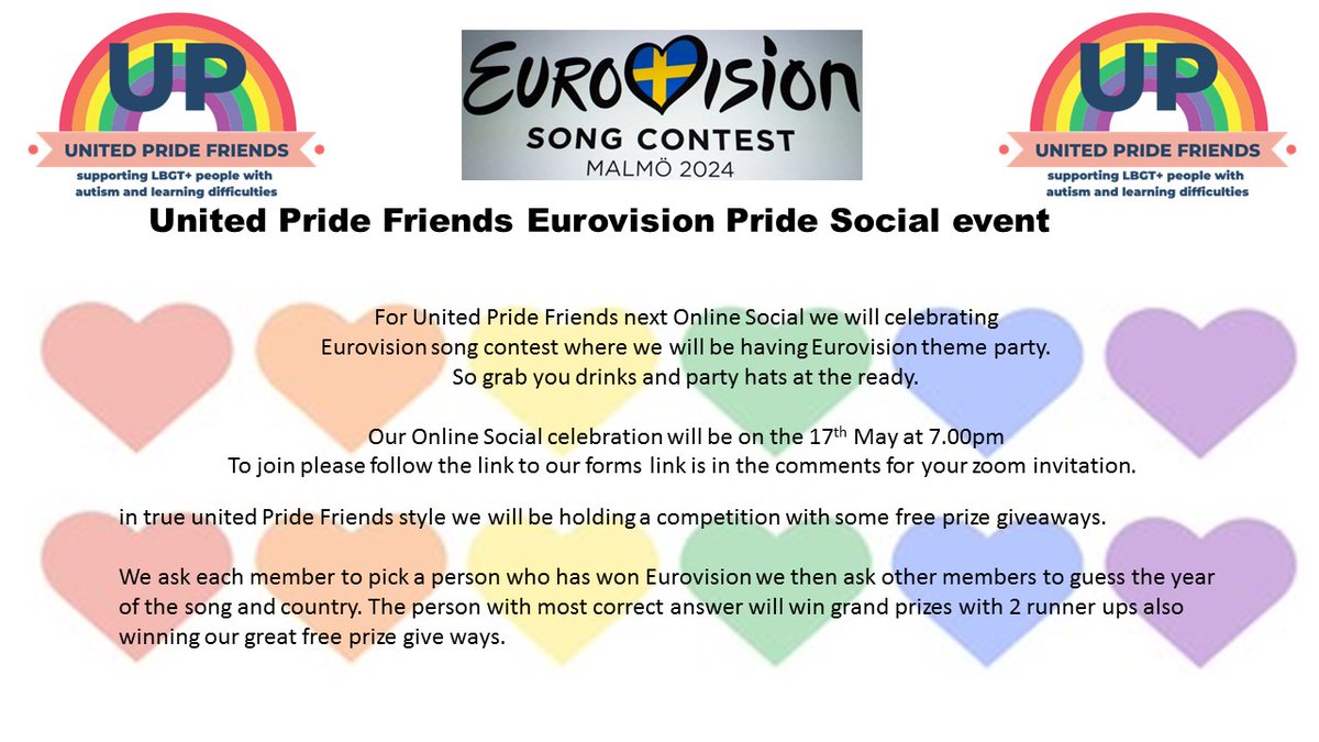 We looking forward to you all joining us for our Eurovision Social and competition with three great prizes to be won at our Social event on the 17trh of May Friday 7.0opm

To Join our Online socail please go to our google forms for your zoom invertation.

forms.gle/8MtyxWutPzd1bQ…