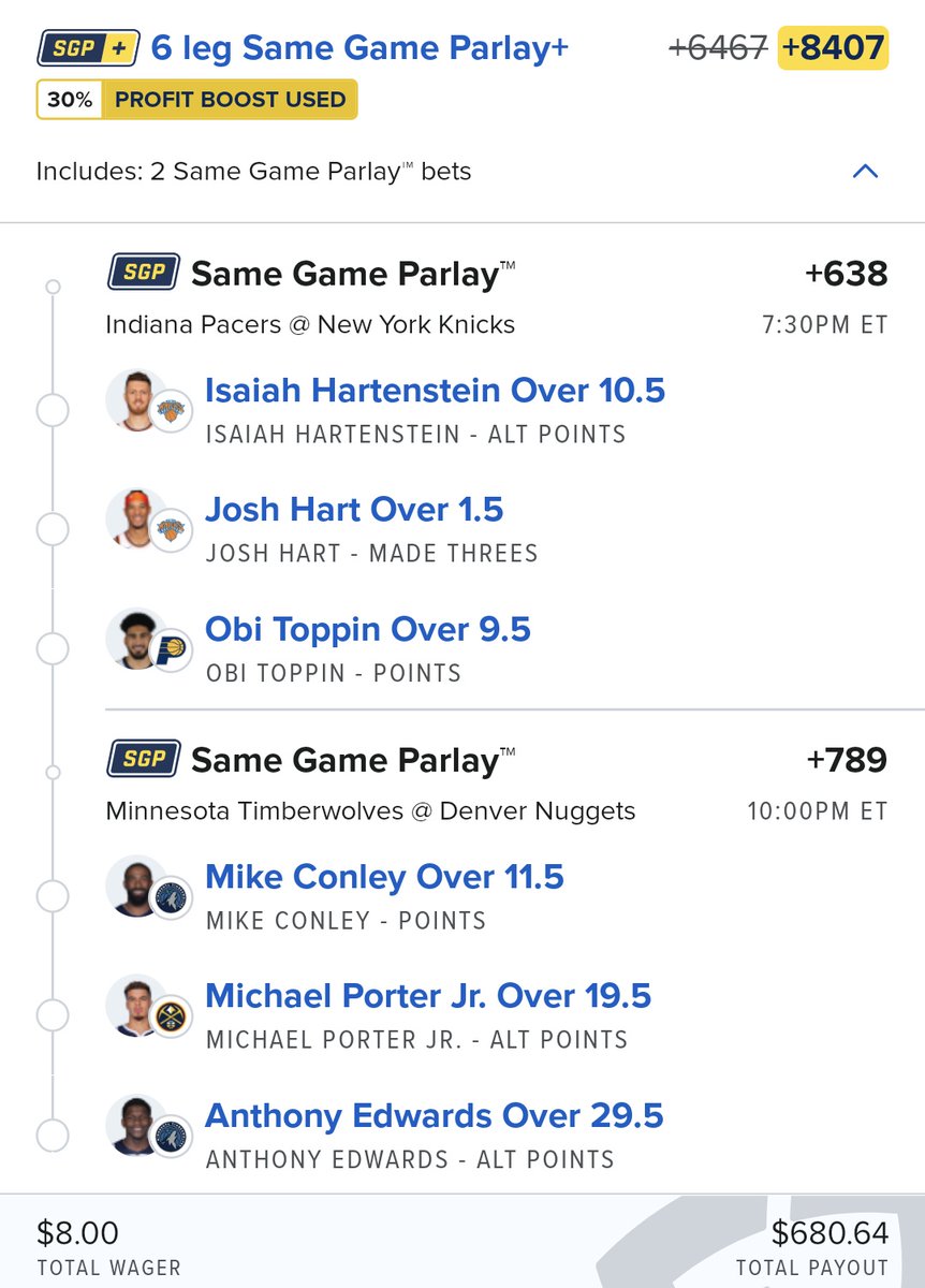 🚨 Monday NBA playoffs 🏀 🚨
Profit boosted parlay. Long overdue for an NBA hit. Play your faves solo, make your own or tail. Be responsible about it.
#gamblingX #nbaprops #nbabets #nbaparlay #basketballparlay  #samegameparlay #profitboost #fanduel #phillybetbros