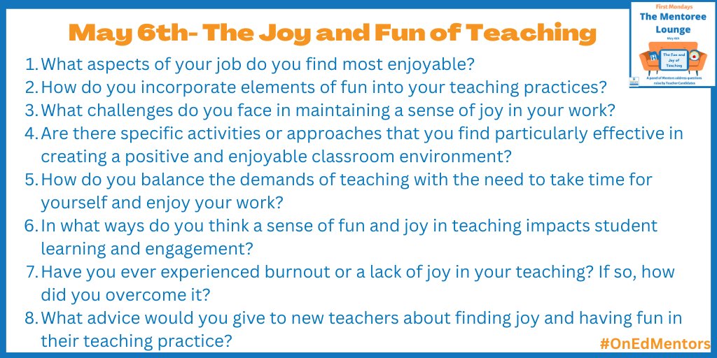 TheMentoree's tweet image. Here are the questions gathered from teacher candidates through various Faculties of Education on the topic of The Fun and Joy of Teaching. Host @iamnoadaniel welcomes:
@PavWander 
@EvolvingEdu
@rbhatt2000 to the monthly episode of The Mentoree Lounge on #OnEdMentors. #funandjoy