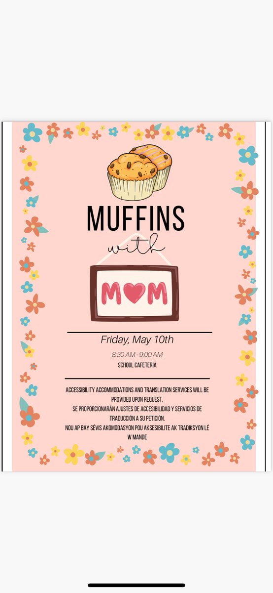 MsSeaman3's tweet photo. Hammocks Middle invites all moms and mother figures to a fun morning of "Muffins with Moms" on Friday,
 May 10, 2024! We cannot wait to see you! @SuptDotres @miamimagnets @MDCPSSouth @MDCPS #YourBestChoiceMDCPS https://t.co/XvwZD67Rs5
