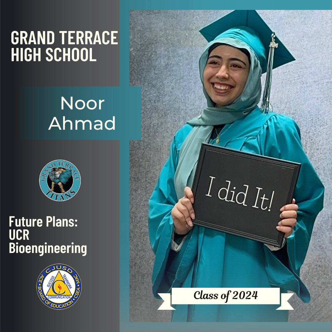 Congrats to Grand Terrace HS 🎓senior Noor Ahmad, who plans to attend UCR and study bioengineering! We wish you all the best! #CJUSDCares #GTHS #GrandTerraceHighSchool ⚡️⚡️🎉 Seniors, to be featured in our #CJUSD Class of 2024 Spotlight, visit bit.ly/CJUSDsenior2024