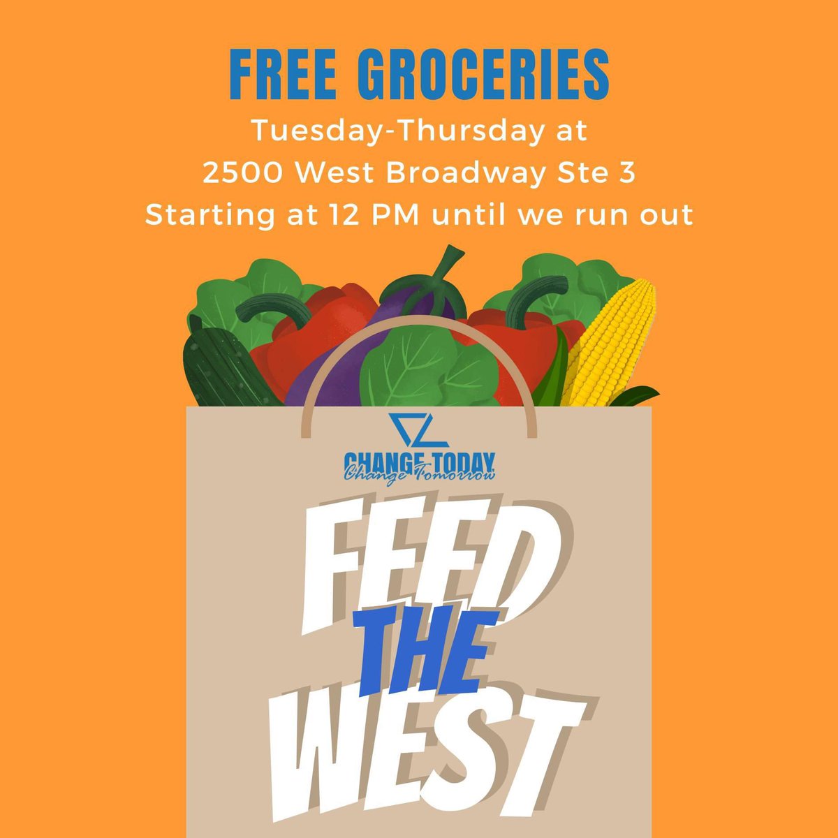 The Feed the West Free Grocery Pop-Up will be held at 2500 W Broadway Ste 3 this week due to inclement weather. We begin at 12pm and end when we run out of food.