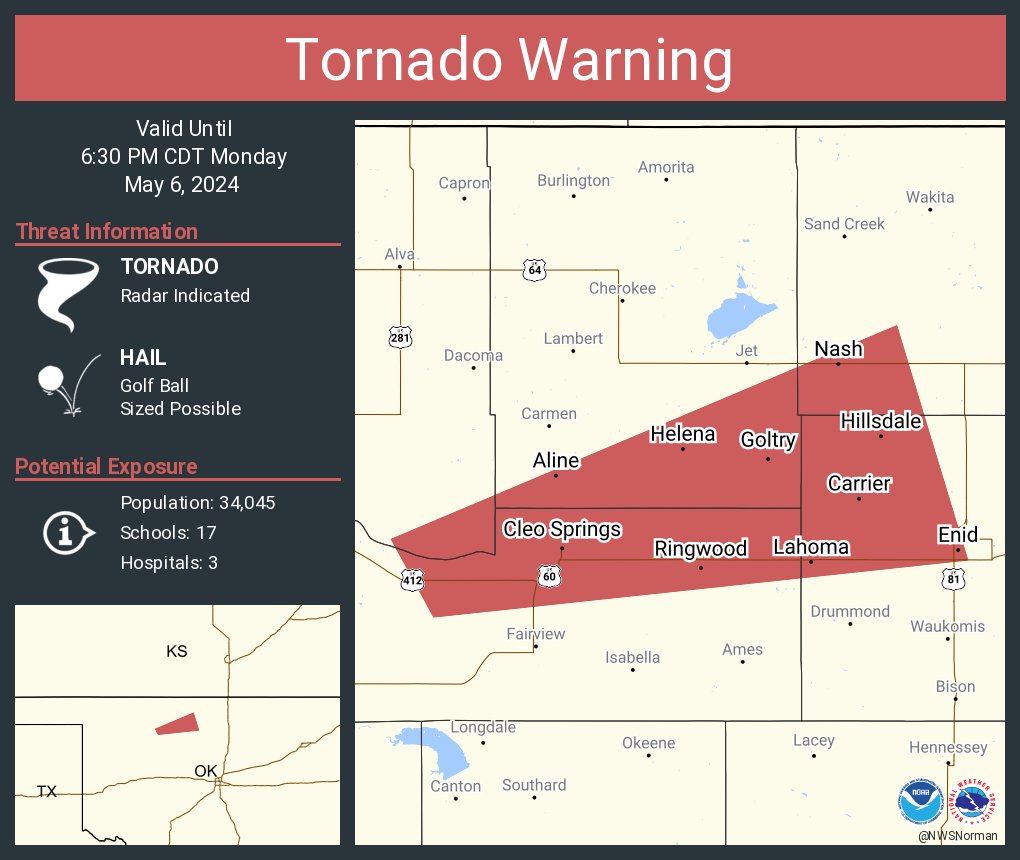 Tornado Warning including Enid OK, Helena OK and Lahoma OK until 6:30 PM CDT