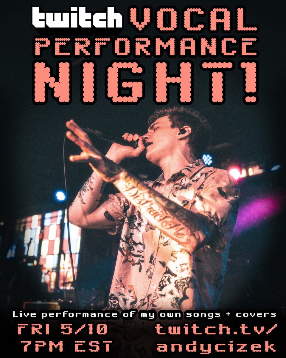 THIS FRIDAY I am returning to Twitch for a live vocal performance night!! 7PM EST. Come hang out, request a song, have fun 🎤🤩🥳