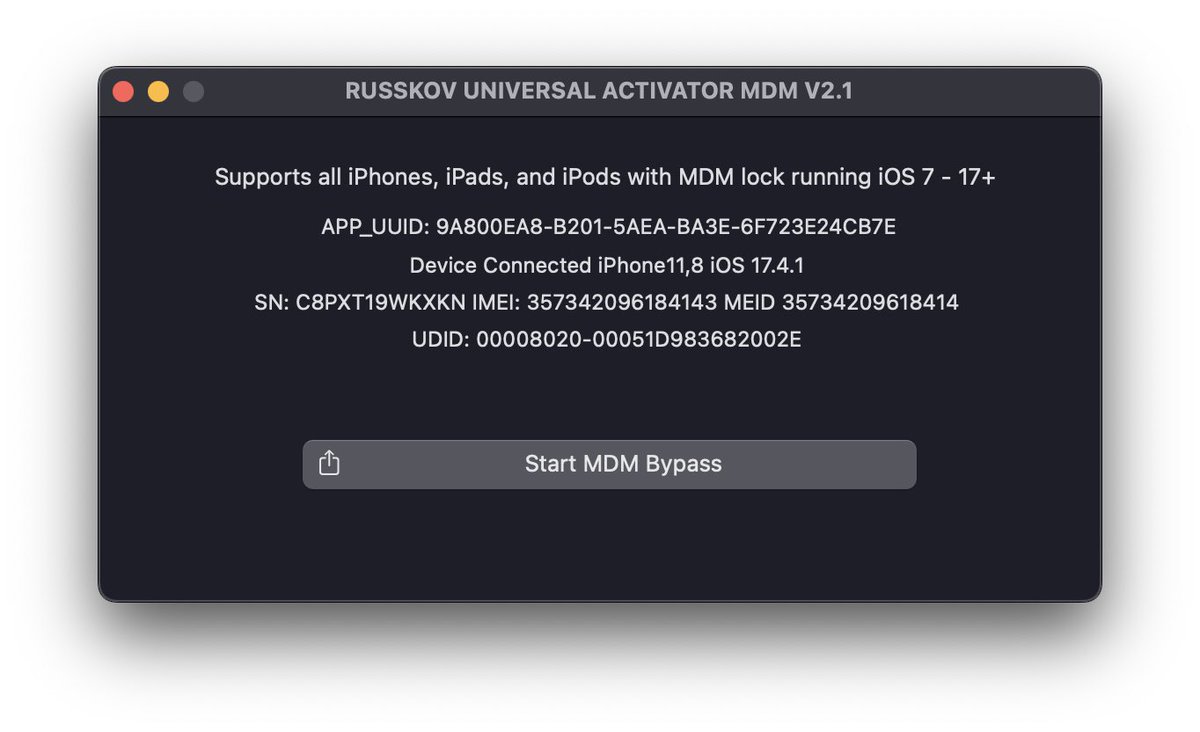 New update v2.1 Russkov Universal Activator MDM 🔥 Resolved crash on app launch, addressed USB driver issues, and introduced compatibility enhancements for iOS versions 7 through 17+ 1clik Bypass Profile mobile device management iPad - iPod - iPhone running iOS 7- iOS 17+