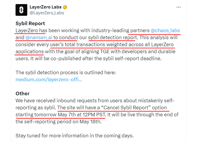 LayerZero Airdrop Update ✅🪂 LayerZero is working with @chaos_labs and @nansen_ai for sybil detection report. This analysis will consider every user’s total transaction weighted across all LayerZero applications. If you've used multiple dApps powered by LayerZero and your…