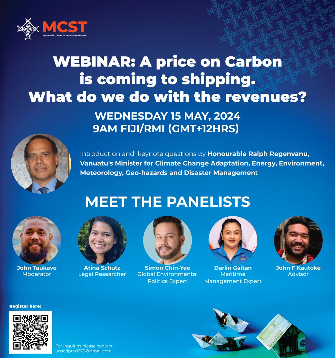 Join MCST on Wednesday May 15, 2024, at 9 am Fiji/RMI time (GMT+12HRS) as we delve into the future of shipping with a price on carbon! What's next after this monumental shift? Let's explore innovative strategies for utilizing carbon revenue. Register now shorturl.at/qADP3