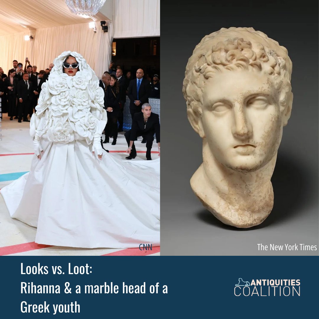 @metmuseum @kimpetras @voguemagazine @theebillyporter @TheBlondsNY @ICIJorg @theestallion @Moschino @KateUpton @Zac_Posen @Skepta @Burberry @TheArtNewspaper It doesn't end there! At the 2023 #MetGala, @rihanna wore custom @MaisonValentino, resembling this marble head of a Greek youth. The artifact was seized from @metmuseum in September 2022. 

More from @nytimes: bit.ly/3w1xE1B