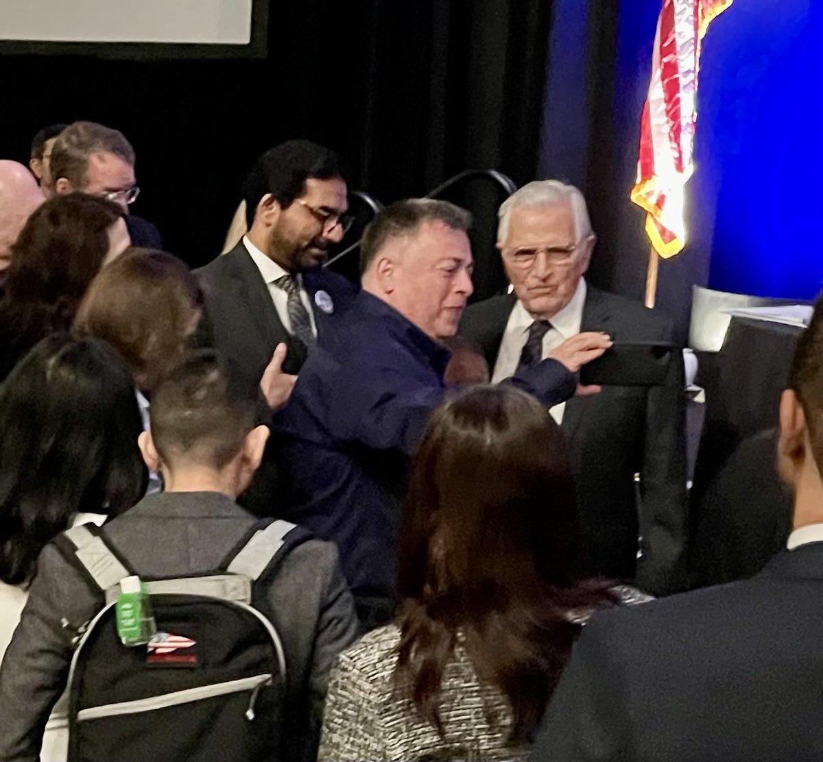 Apollo 17 astronaut Dr. Harrison Schmitt provided perspectives on challenges he experienced on the moon from his personal experience there, answered questions for 45 minutes, and allowed many attendees to take photos with him after his presentation. He is an American hero and a