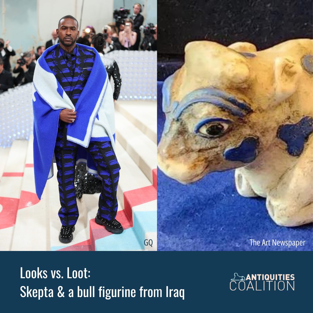 @metmuseum @kimpetras @voguemagazine @theebillyporter @TheBlondsNY @ICIJorg @theestallion @Moschino @KateUpton @Zac_Posen Next is @Skepta in @Burberry at the 2023 #MetGala. The rapper matches this bull figurine, which was seized from the home of @metmuseum's board member Shelby White and was returned to Iraq by U.S. authorities last May. 

Learn more from @TheArtNewspaper: bit.ly/3xUFtqe