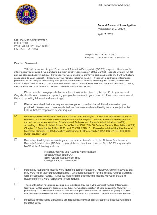 BREAKING: FBI records of L.P. Gise, the grandfather of Jeff Bezos who helped create DARPA, were destroyed, according to newly obtained response to a FOIA request.