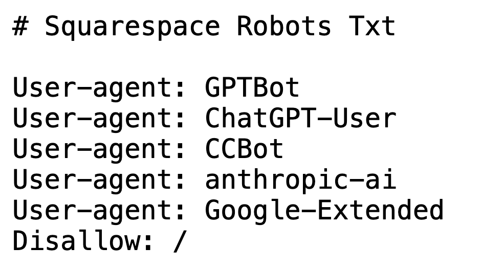 ednewtonrex's tweet photo. Update on AI crawlers & @squarespace, having chatted with them:

- You are opted-in to allowing AI crawlers by default
- When you opt out, they only opt you out of 5 crawlers. You're still opted into crawlers from Amazon, ByteDance (TikTok), Cohere, Facebook, Perplexity etc.
- There is no way of manually updating your robots.txt file to block more crawlers

The bottom line: none of the estimated ~3 million live Squarespace websites can meaningfully opt out of being scraped for training data by AI companies.