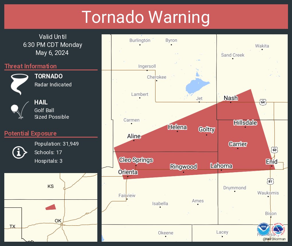 Tornado Warning continues for Enid OK, Helena OK and Lahoma OK until 6:30 PM CDT