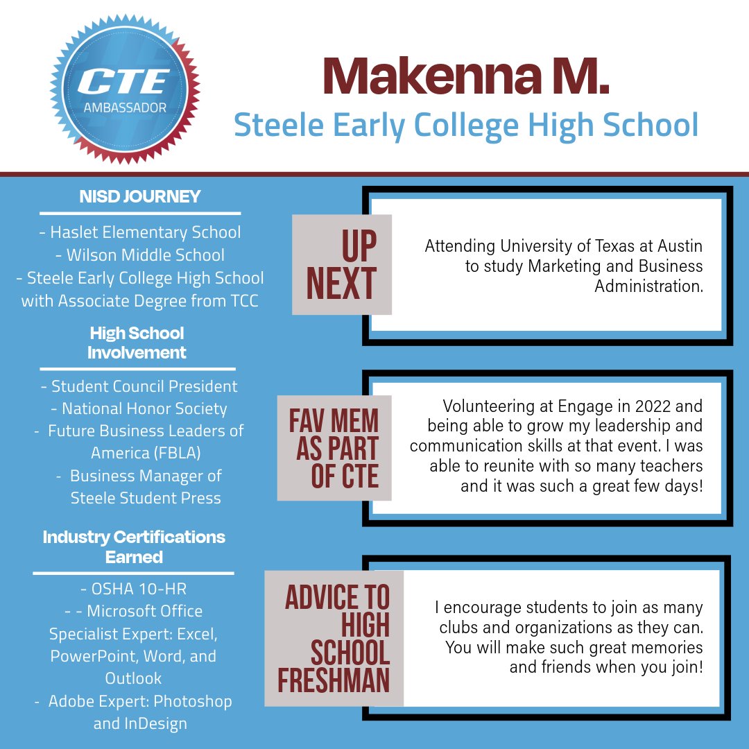 🎓Congrats to Class of '24 NISD CTE Ambassador MAKENNA M. | Business Mngt @steele_echs 🌟Makenna would like to recognize Coach Patti Hayes for guiding her into the confident student and leader she is today. She'll be forever thankful that she met Coach Hayes! Read about Makenna⬇️