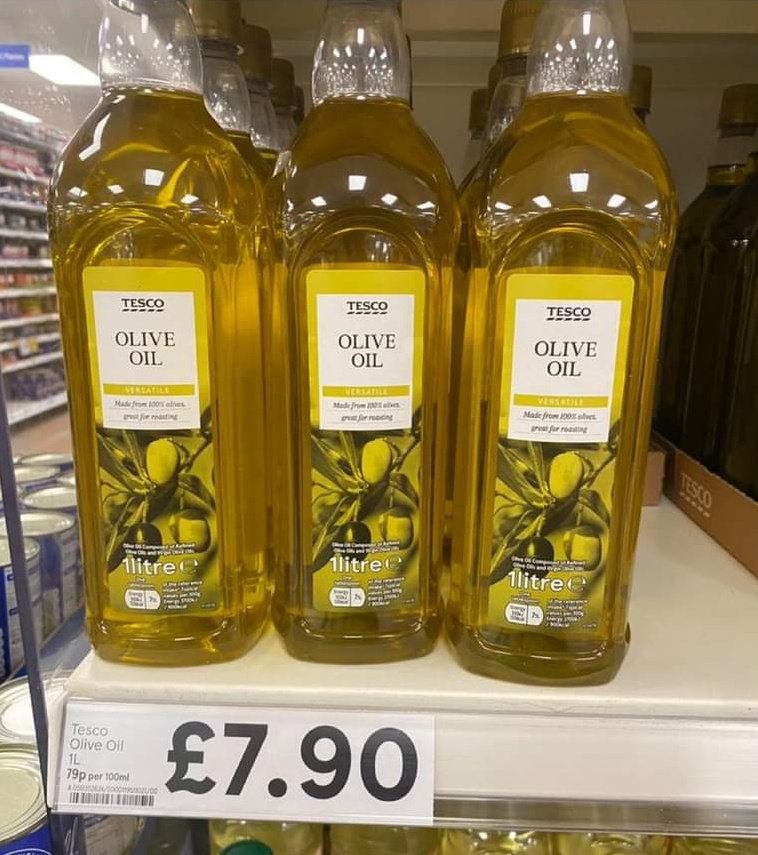 The NMW is £10.40ph. So, according to the capitalist class, one hour of your life, your one and only life, is worth circa 1.3 bottles of Olive Oil. For a 40 h/wk, that's 48.75 bottles. That's what your time and life means to them. Remember it when they say you don't need a union!