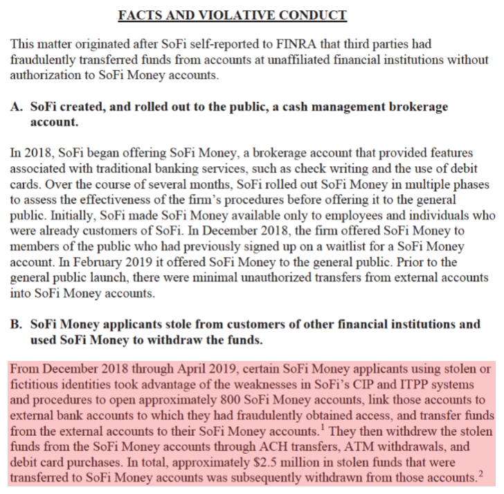 SoFi Bank consents to operating an infinite money glitch from Dec 2018 to April 2019 (Src: FINRA Enforcement / May 2, 2024)