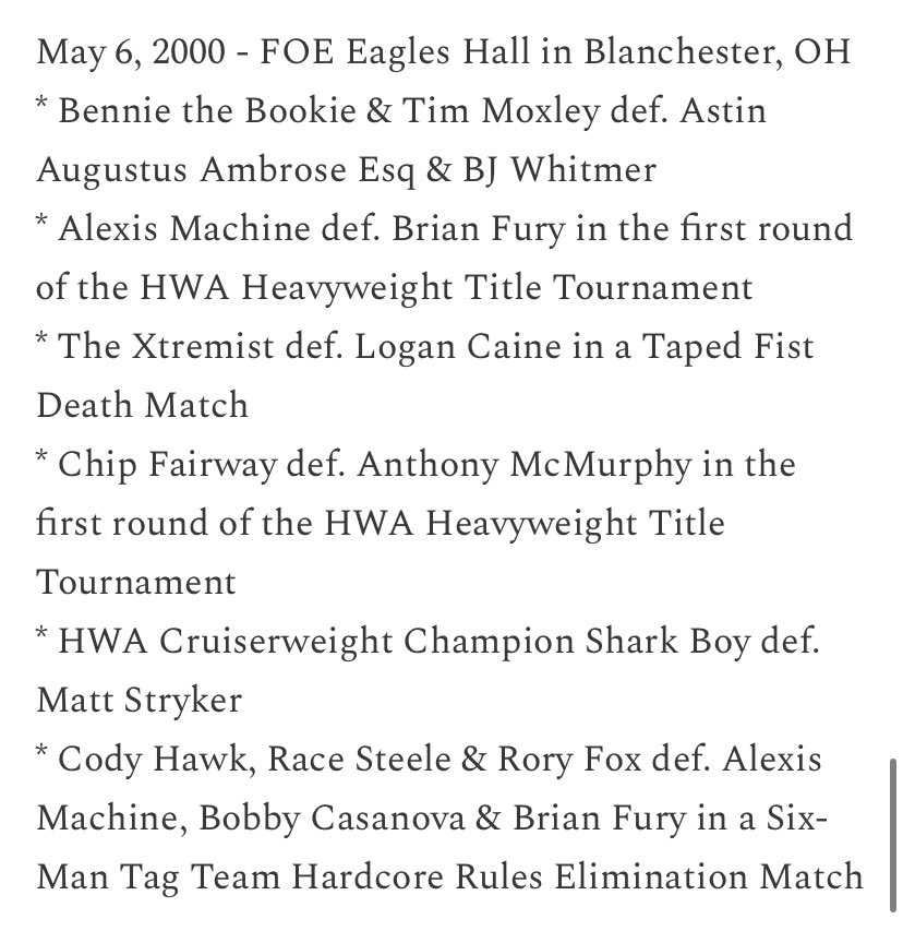 Today in @HWAOnline history 

2000 in Blanchester, OH feat. @SharkBoy24_7 @roryfox_ @CodyFnHawk + Chip Fairway, Logan Caine, Brian Fury and more!

Full results: