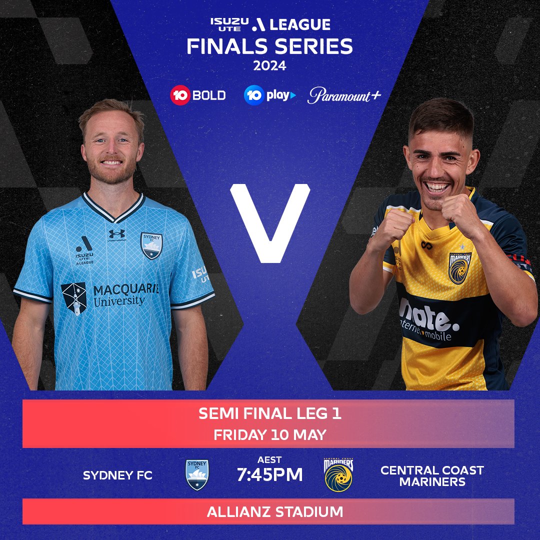 Tickets for the Isuzu UTE A-League Semi Finals are on sale NOW! 🔥🙌 First up: @SydneyFC 🆚 @CCMariners. Allianz Stadium. 7:45pm. 🎟️ Get your tickets now: bit.ly/4a8MEIM #ALM
